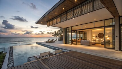 Fototapeta premium Luxury villa with infinity pool overlooking the ocean at sunset with open living room and deck area