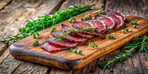 Fototapeta premium Savory Slices of Cured Meat with Aromatic Herbs on Rustic Wooden Board