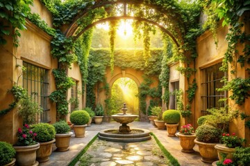 Fototapeta premium Sunlit Courtyard Oasis Serene Garden Fountain and Lush Greenery in a Tranquil Architectural Setting