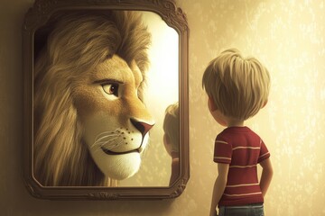 Boy Looking in Mirror Seeing Lion a Representation of Inner Strength