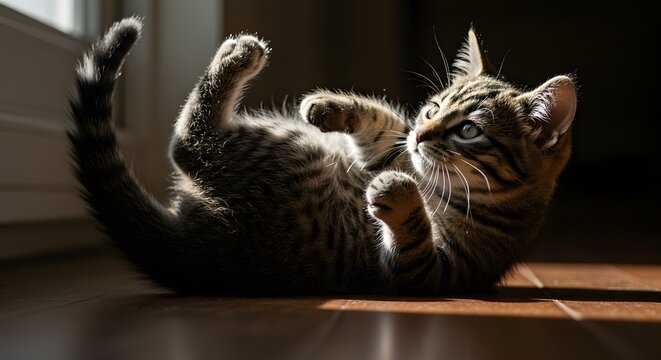 Adorable tabby kitten playfully lying on its back indoors in sunlight - Powered by Adobe