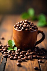 Fototapeta premium Wooden cup filled with coffee beans on a rustic wooden table, coffee lover, coffee beans, morning routine