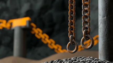 Close-up of rusted chains hanging in an industrial setting with a blurred background
