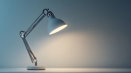 Illuminated adjustable desk lamp with a neutral-toned lampshade casting light onto a surface against a softly colored backdrop.