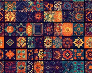 Varied square tiles feature different colorful patterns & designs on a wall background tile pattern