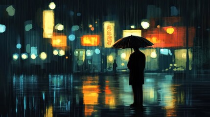 Obraz premium Solitary Figure Under Umbrella in Rain-Soaked City at Night