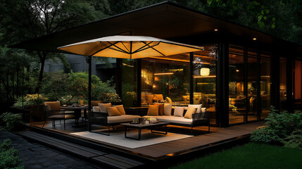 Obraz premium Serene Evening Patio: A stylish patio illuminated by soft lighting, offers a cozy and inviting atmosphere for relaxation and social gatherings, complemented by a lush garden.
