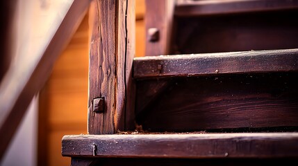 Close-up of rustic wooden staircase highlighting texture and craftsmanship in cozy interior setting