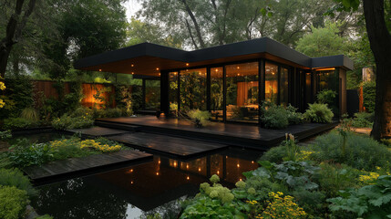 Modern Tranquility: Contemporary home with a serene blend of nature and architecture, glass walls, reflecting pond, and lush greenery creating a peaceful atmosphere.