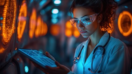 Futuristic Medical Professional Analyzing Digital Data in Neon Lit Laboratory