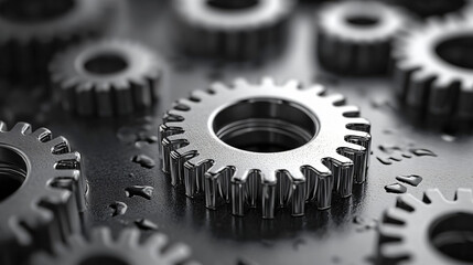 Gear teeth machinery silver metallic cog closeup rotate steel mechanical object precision engine wheel motion production manufacturing industrial mechanism macro tool process technology circle