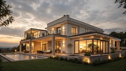 Exterior view of a modern villa with a swimming pool at dusk under a cloudy sky in the countryside