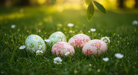 Fototapeta premium harmonious scattering of eggs painted with watercolor designs, resting among dewy grass and small white blossoms. Sunlight cascades gently through leafy branches above, adding depth and natural warm