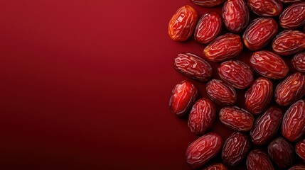 Fresh dates arranged on a rich red background