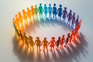 Colorful paper cutout people holding hands in unity circle on pastel background