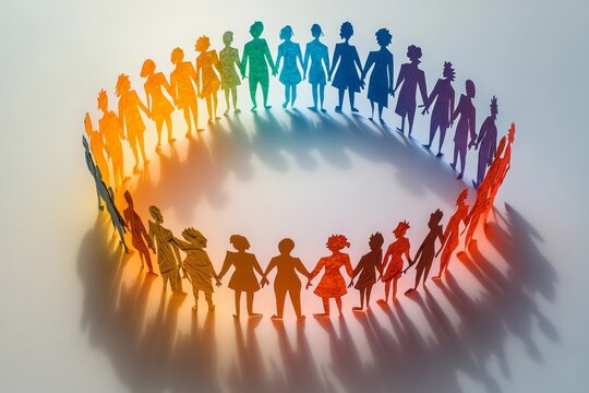 Colorful paper cutout people holding hands in unity circle on pastel background