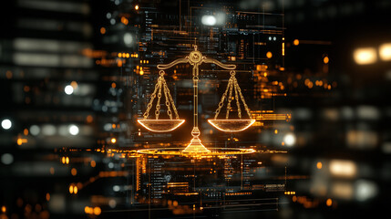 Digital Scales of Justice: An illuminated symbol of the scales of justice, rendered in a digital, futuristic style, suggesting concepts of law, fairness.