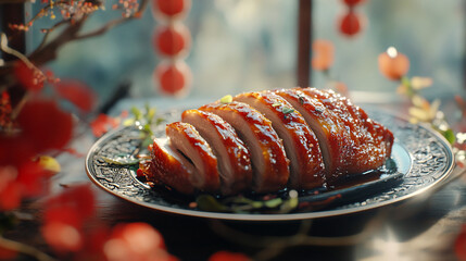 Sliced glazed meat on dark plate, festive setting.