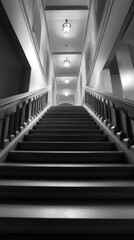 Fototapeta premium Monochromatic Stairwell Ascend, Leading Lines to Illuminating Fixtures