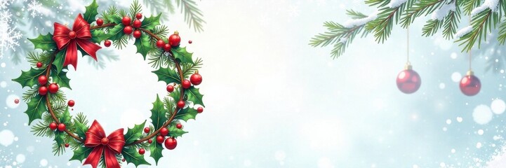 Whimsical doodle art Christmas wreath featuring holly and ornaments on a snowy background, isolated, snow, winter