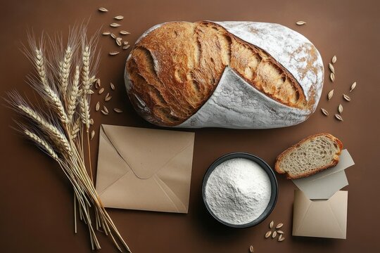 Artisanal Bread and Bakery Branding Mockup with Blank Envelopes and Flour on Warm Background