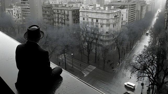 Fototapeta Pensive Man in Hat Contemplating Rainy Cityscape from High Window