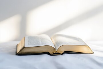 An open book resting on a white cloth with gold edges