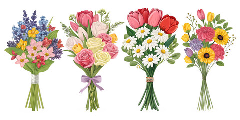Various bouquets of flowers isolated on transparent background