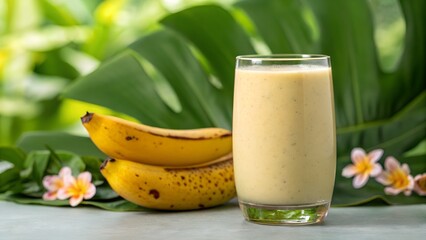 A close-up of a creamy banana smoothie in a glass with a ripe banana beside it, set on a table against a soft, vibrant natural background, perfect for healthy lifestyle concepts. 
