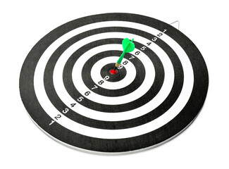 Dart board with green arrow hitting target isolated on white
