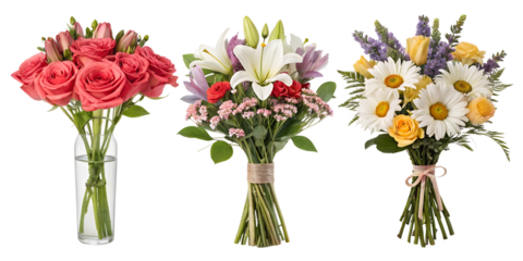 Various bouquets of flowers isolated on transparent background