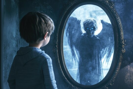 Boy Facing Scary Angel Reflection in Vintage Mirror for Halloween Concept - Powered by Adobe