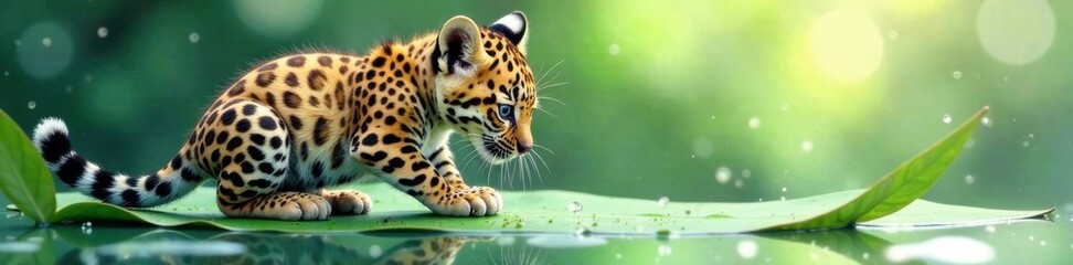 Watercolor painting of a leopard cub playing with water droplets on a leaf, animals, leopard