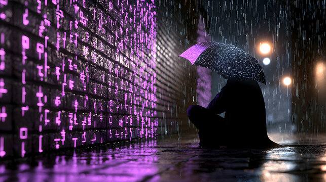 Person Sitting Alone in Rain at Night, Purple Digital Wall, City Street - Powered by Adobe