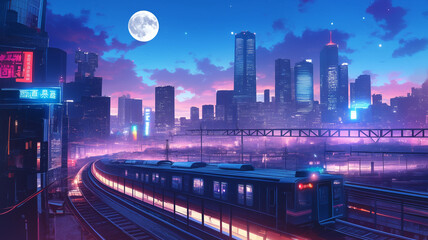 Fototapeta premium 線路と都市、月とネオンが織りなす幻想的な夜景イラスト素材｜昭和アニメ風レトロテイストが魅力の高品質アート背景｜鉄道×夜景×都市の組み合わせが印象的