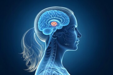 3D medical illustration of a human female head and neck in a side profile view, highlighting the thalamus within the brain