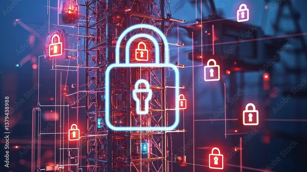 Poster server racks featuring glowing padlocks symbolize data protection and cyber security within a futuri