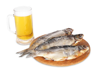Glass of beer and dried fish isolated on white