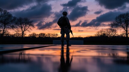 A solitary soldier stands guard watching over a beautiful sunset