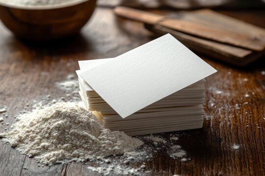 Blank Business Cards on Flour Pile for Bakery Branding Mockup with Editable Design Space