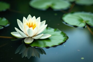 Water lily pad with a single white lotus flower on its surface, leaf, elegance, lotus