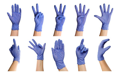 People wearing medical glove isolated on white, set