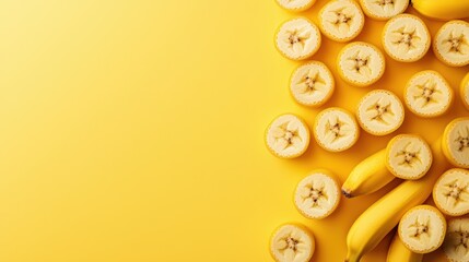 Fototapeta premium Fresh yellow bananas and sliced pieces on a vibrant background