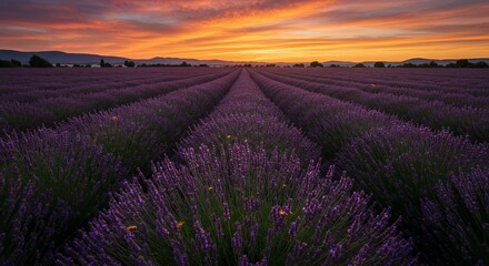Fototapeta premium Sunset Over Lavender Field with Bees