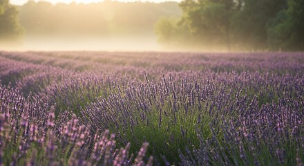 Fototapeta premium Sunlit Lavender Field at Sunrise: Soft Focus, Hazy Light, Gentle Breeze