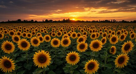 Obraz premium Golden Hour Sunflowers: A Vast Field at Sunset