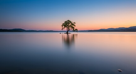 Solitary Oak Tree on Island at Sunset, Tranquil Seascape