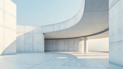 Architectural concrete structure with curved design and open space under a bright sky outdoors