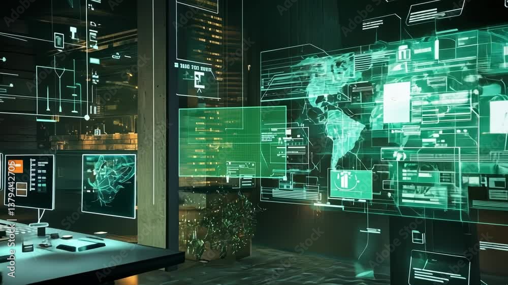 Aufkleber futuristic command center with holographic displays showing global network activity and code, sugges