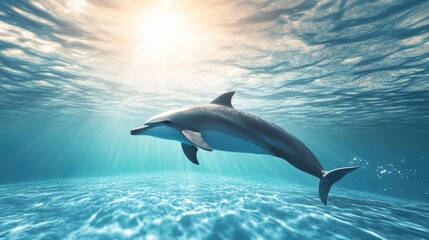 Dolphin Swimming Underwater in Ocean with Sun Rays Shining Through Water